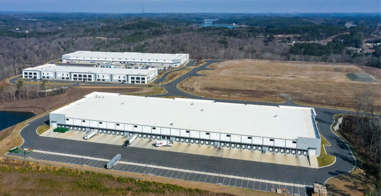 Aerial view of Allatoona Business Center featuring modern industrial warehouses with loading docks, truck courts, and parking areas.