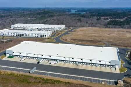 Aerial view of Allatoona Business Center featuring modern industrial warehouses with loading docks, truck courts, and parking areas.