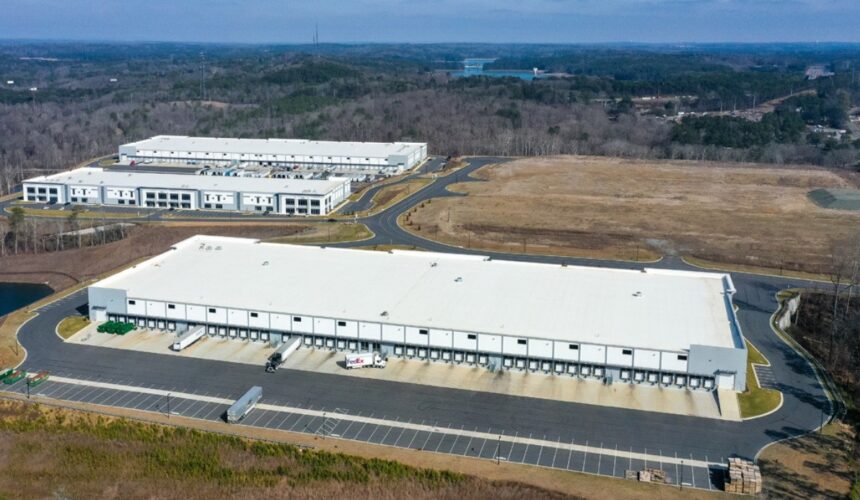 Aerial view of Allatoona Business Center featuring modern industrial warehouses with loading docks, truck courts, and parking areas.